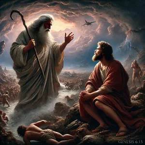 13. Allora Dio disse a Noè: «Nei miei decreti ho stabilito di por fine a ogni carne, perché la terra, a causa degli uomini, è piena di violenza; ecco, io li distruggerò, insieme con la terra.